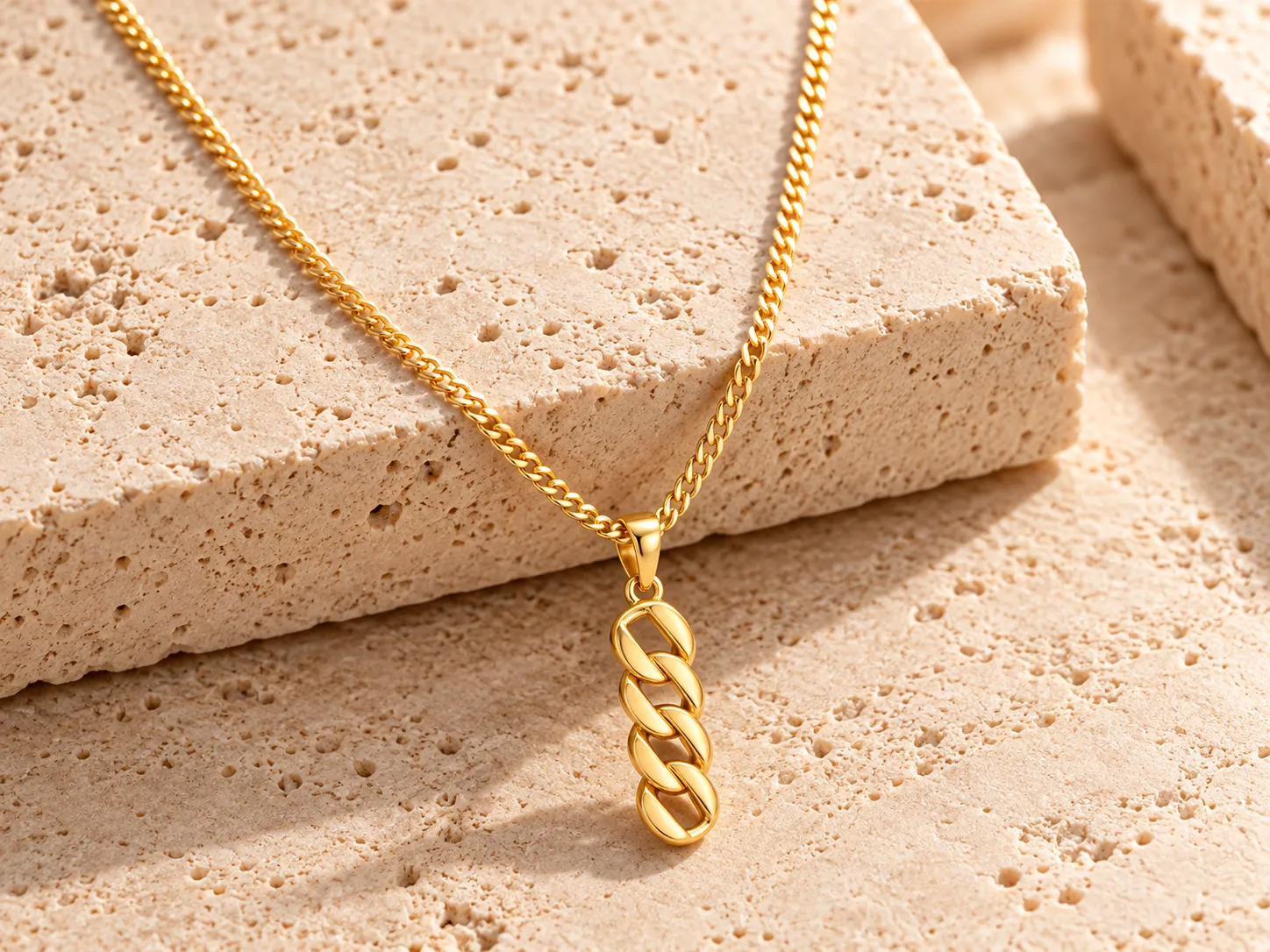 Gold necklace with an elongated curb-link pendant on a curb chain, resting on a stone ledge