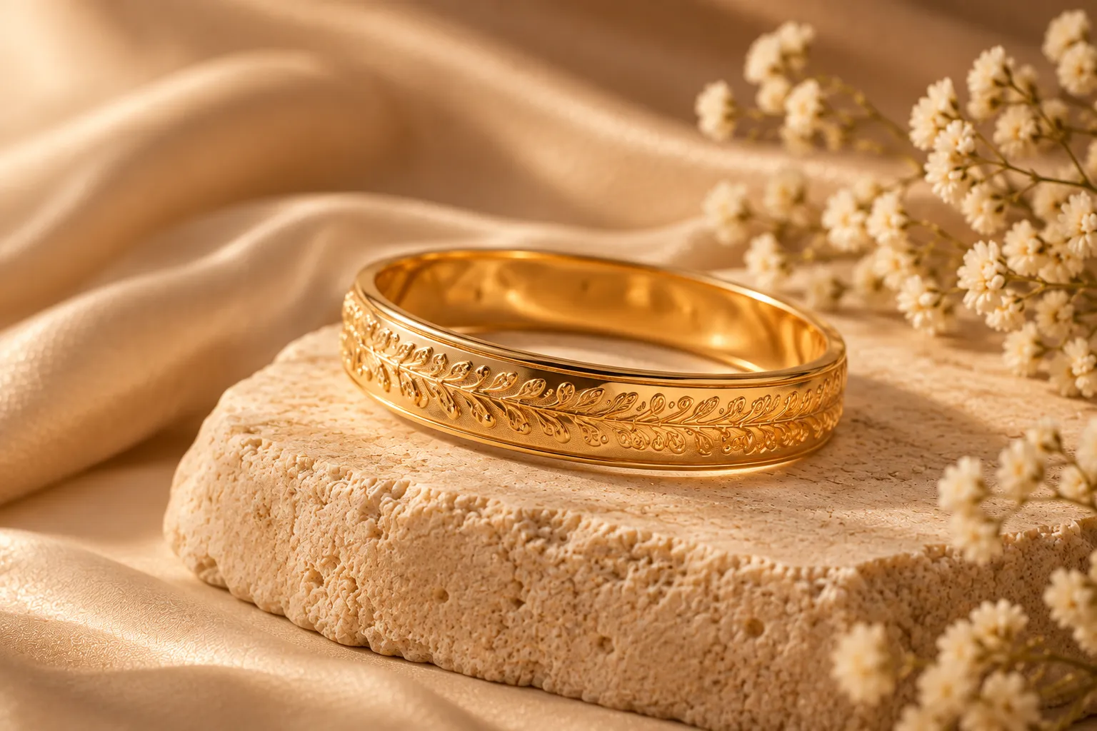 A gold bangle with an engraved leaf pattern resting on pale stone beside small cream flowers