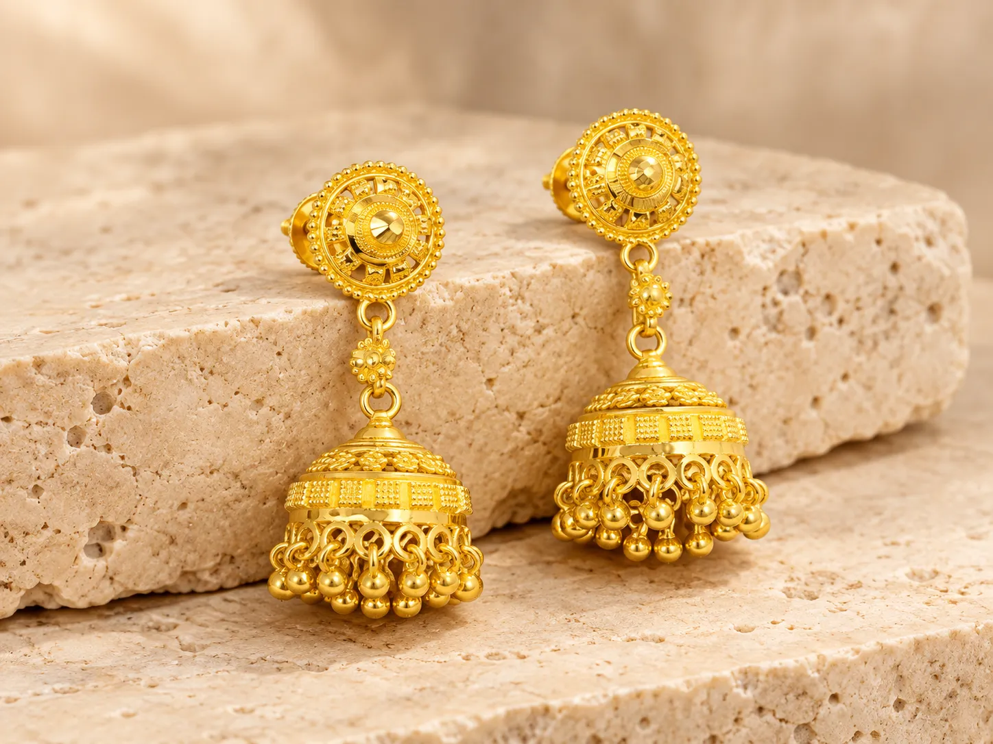 Pair of gold drop earrings with round tops and dome-shaped lower parts with small hanging beads
