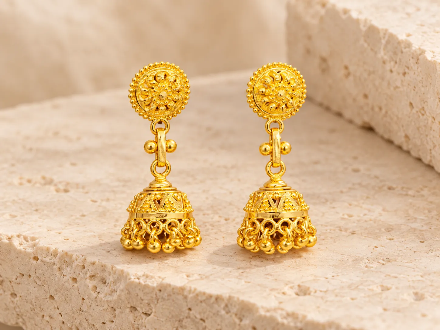 Pair of gold earrings with round tops and dome-shaped drops with small hanging beads
