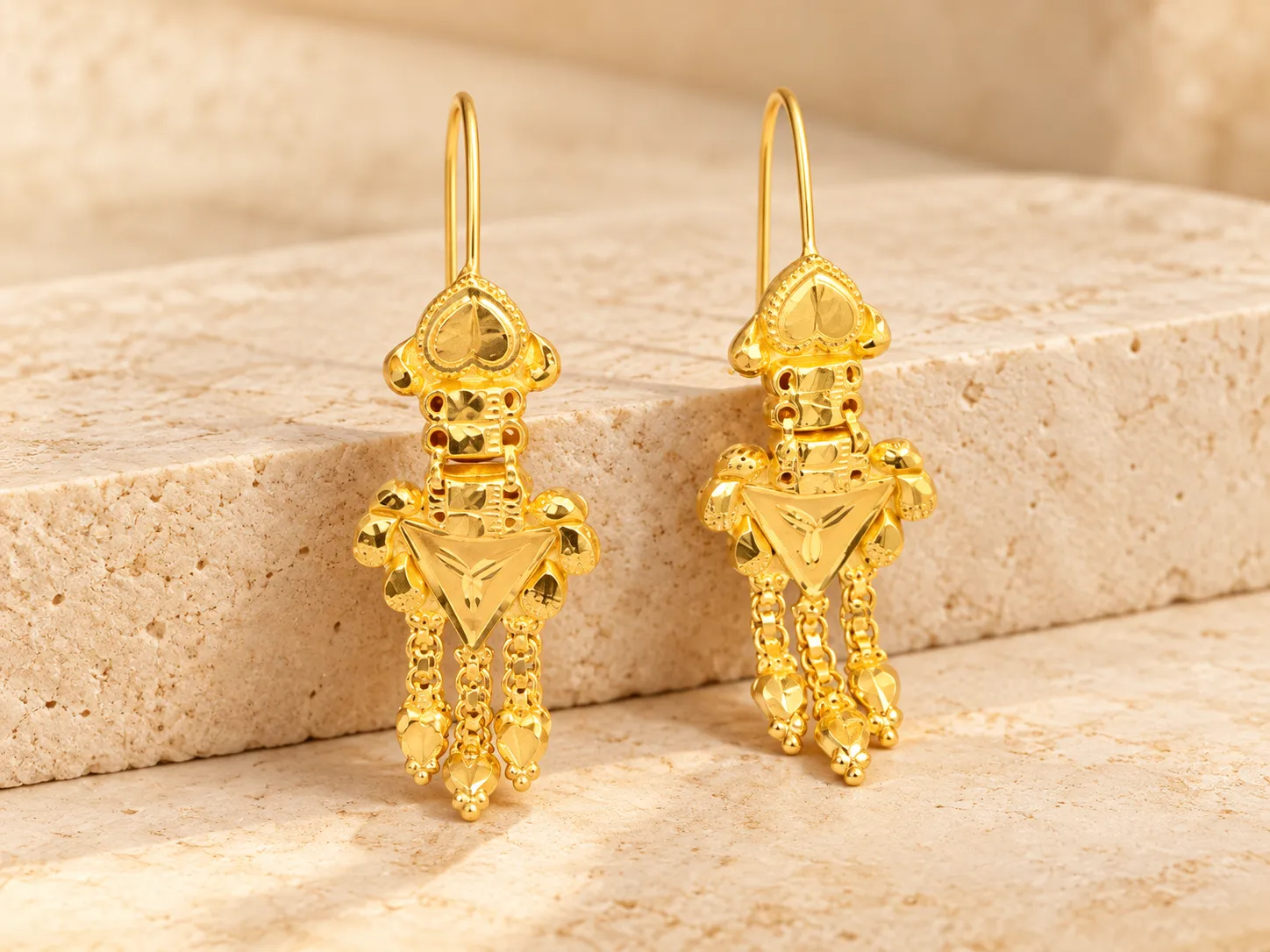 Pair of gold hook earrings with a triangular decorated section and three hanging drops