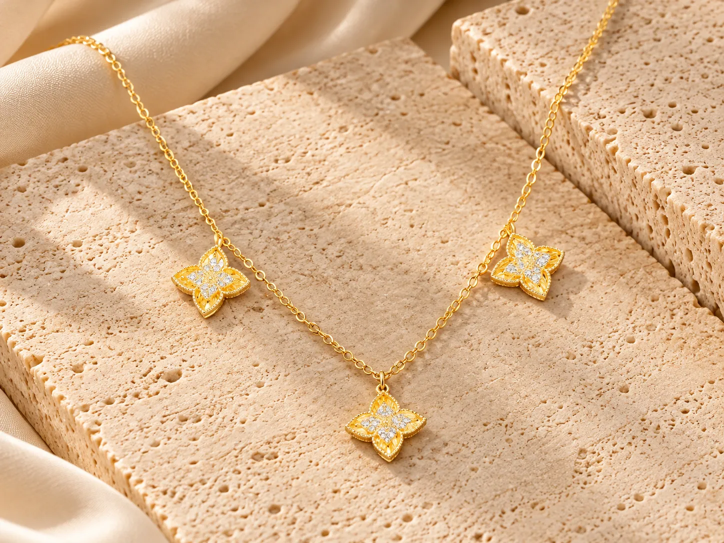 Fine gold chain with three clover-shaped charms set with small clear stones, resting on a stone ledge