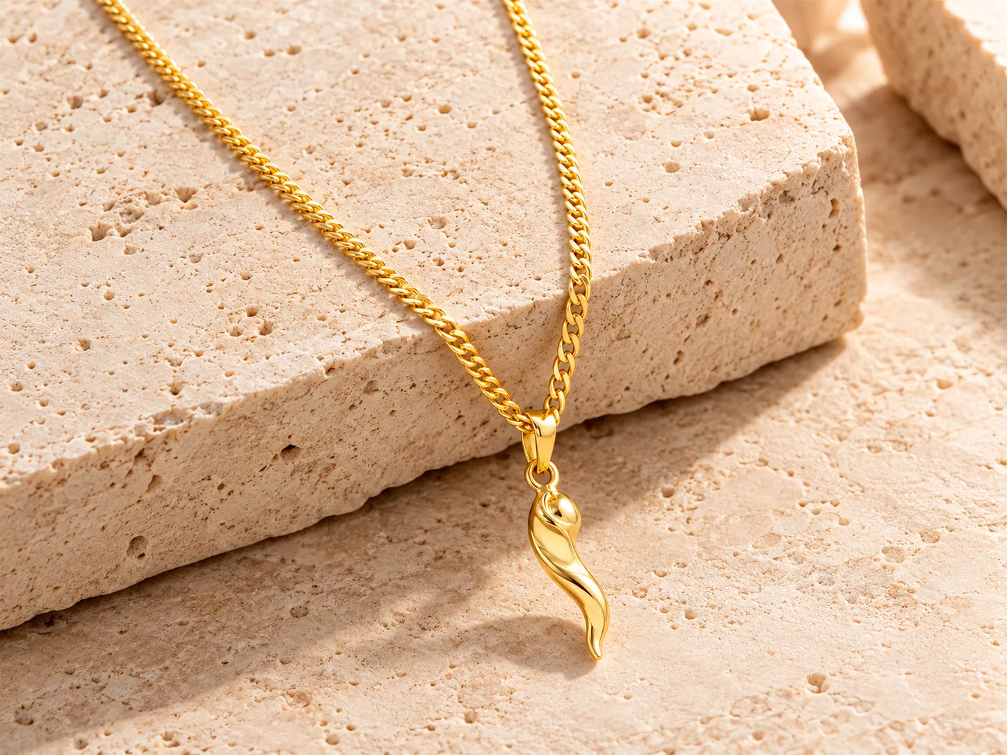 Gold necklace with a curved horn-shaped pendant on a curb chain, resting on a stone ledge