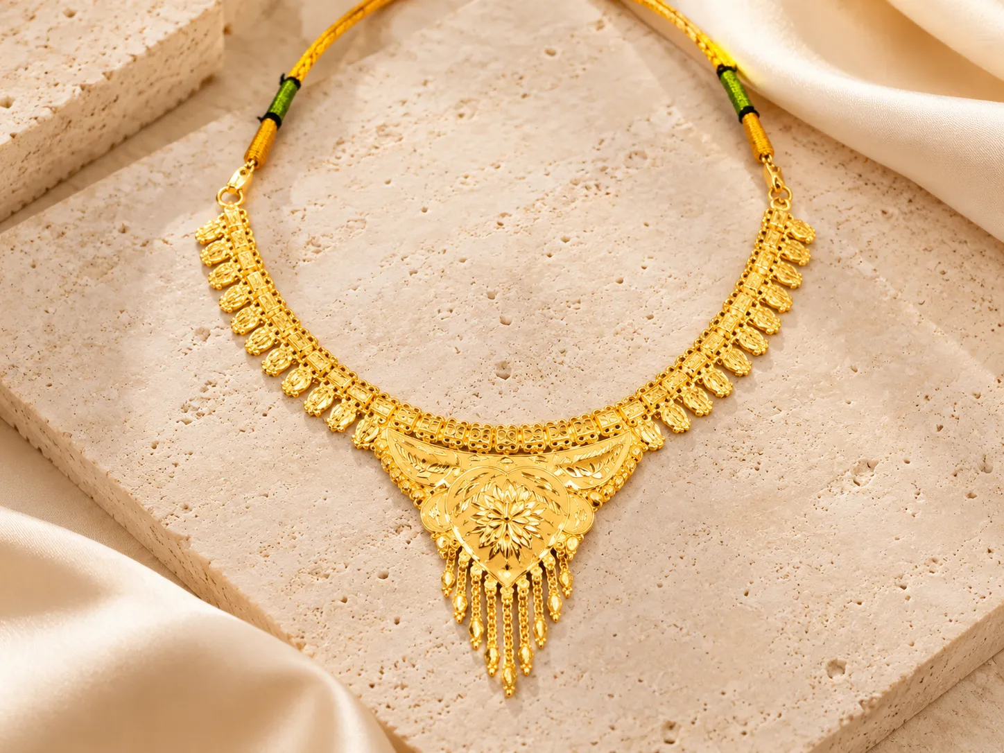 Traditional gold necklace with a floral centrepiece and hanging tassels, with green-and-gold cord ends, on a stone slab