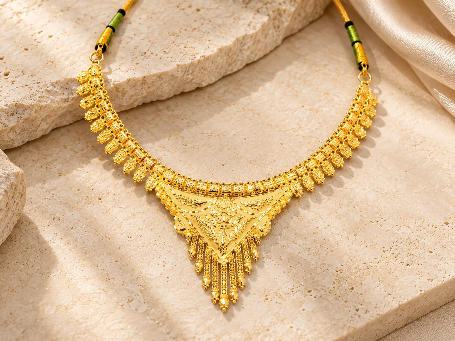 Traditional gold necklace with a triangular centrepiece and hanging tassels, with green-and-gold cord ends, on a stone slab