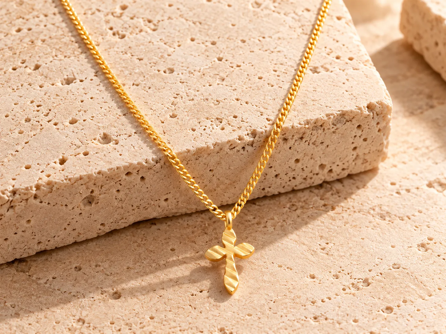 Gold necklace with a small cross pendant on a curb chain, resting on a stone ledge