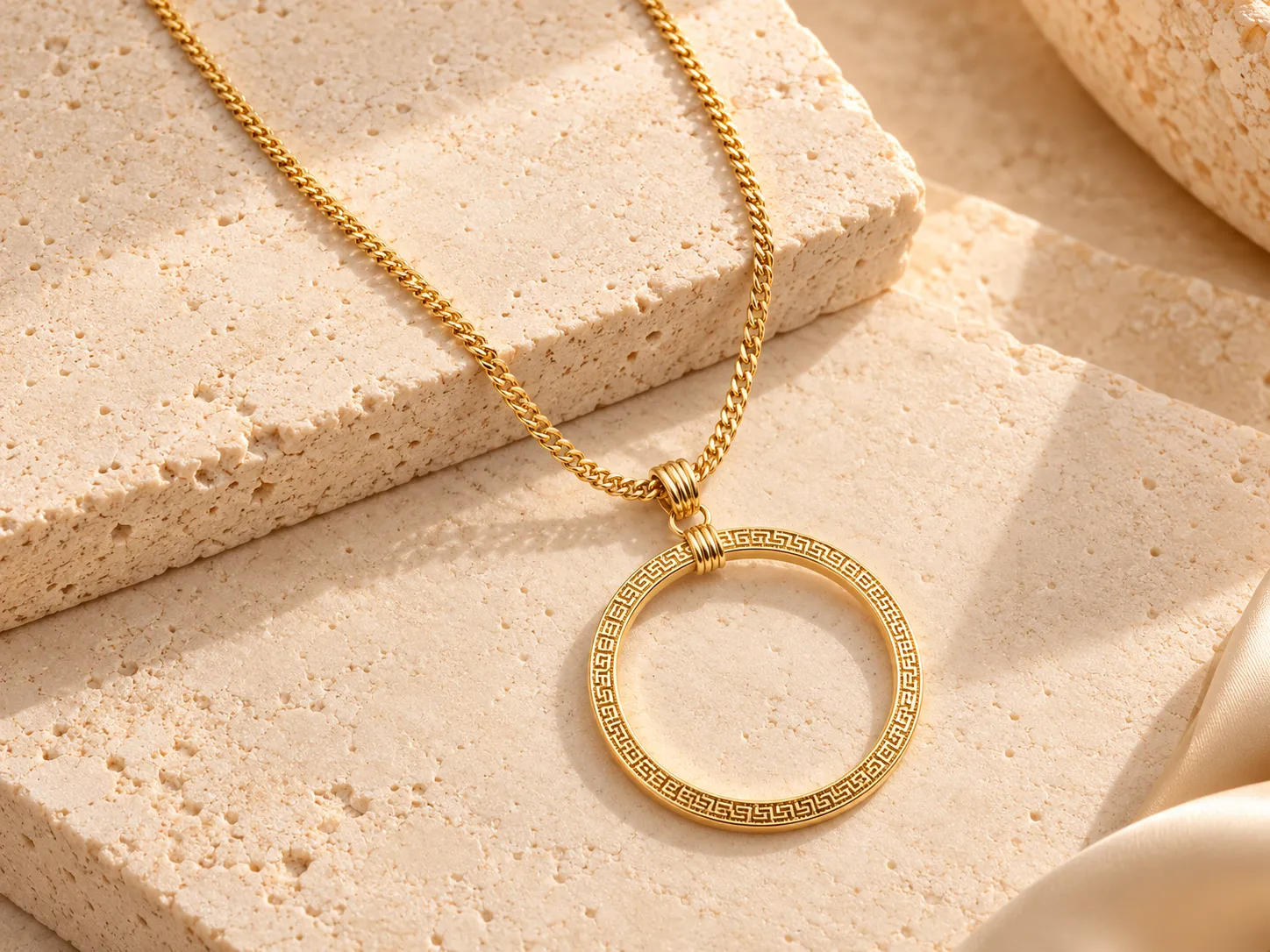 Gold necklace with a large open circle pendant with a Greek-key border on a curb chain, resting on a stone surface