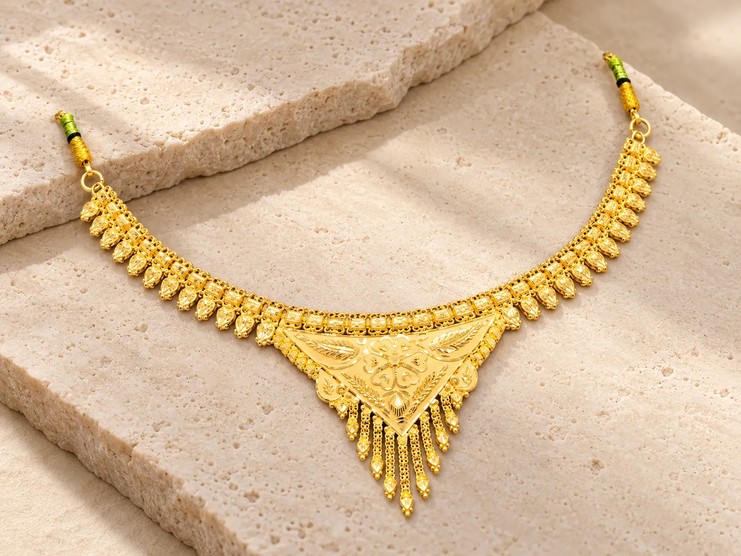 Traditional gold necklace with a triangular centrepiece and hanging tassels, with green-and-gold cord ends, on a stone slab