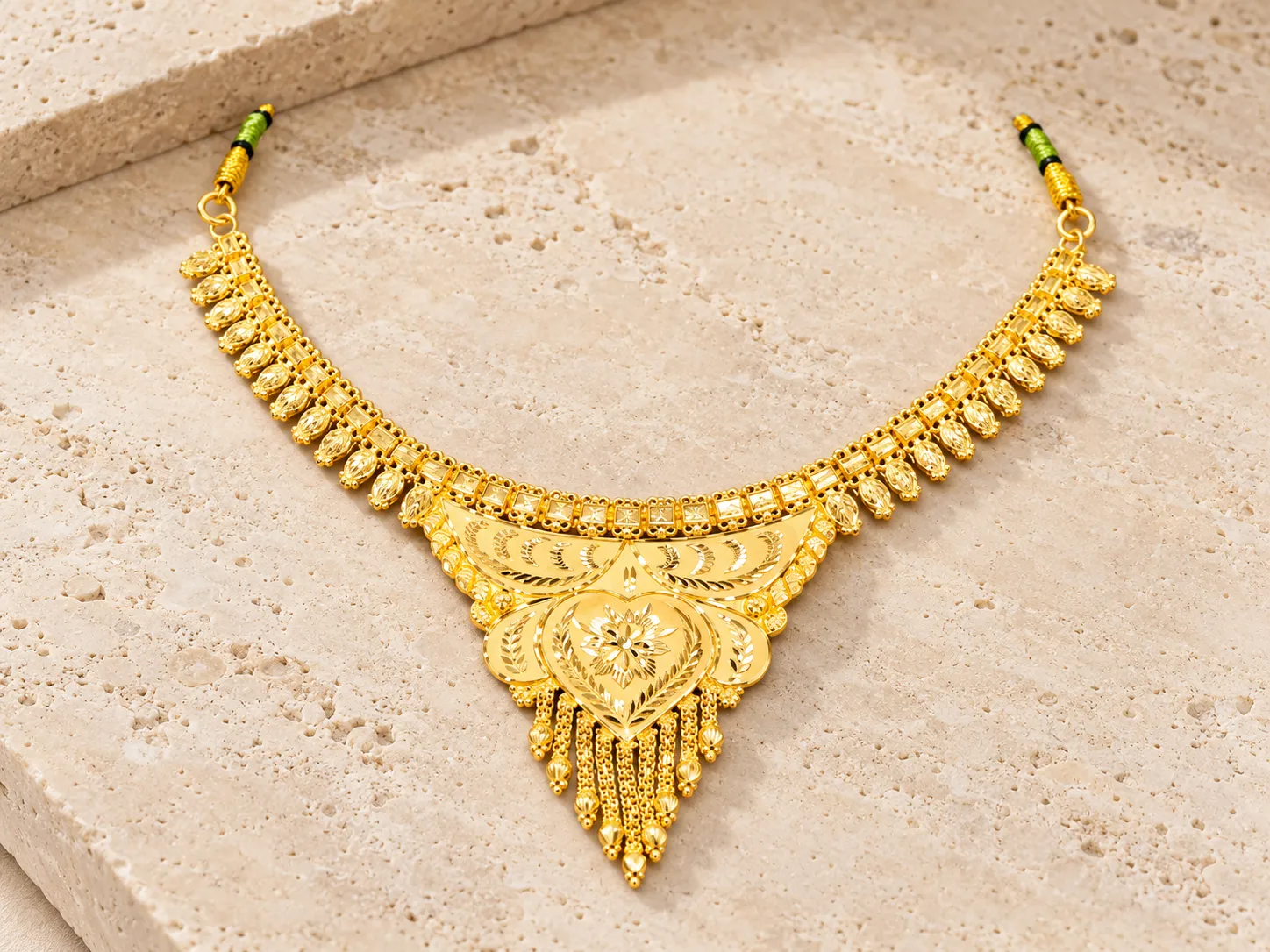 Traditional gold necklace with a broad floral centrepiece and graduated hanging fringe, with green-and-gold cord ends, on a stone slab