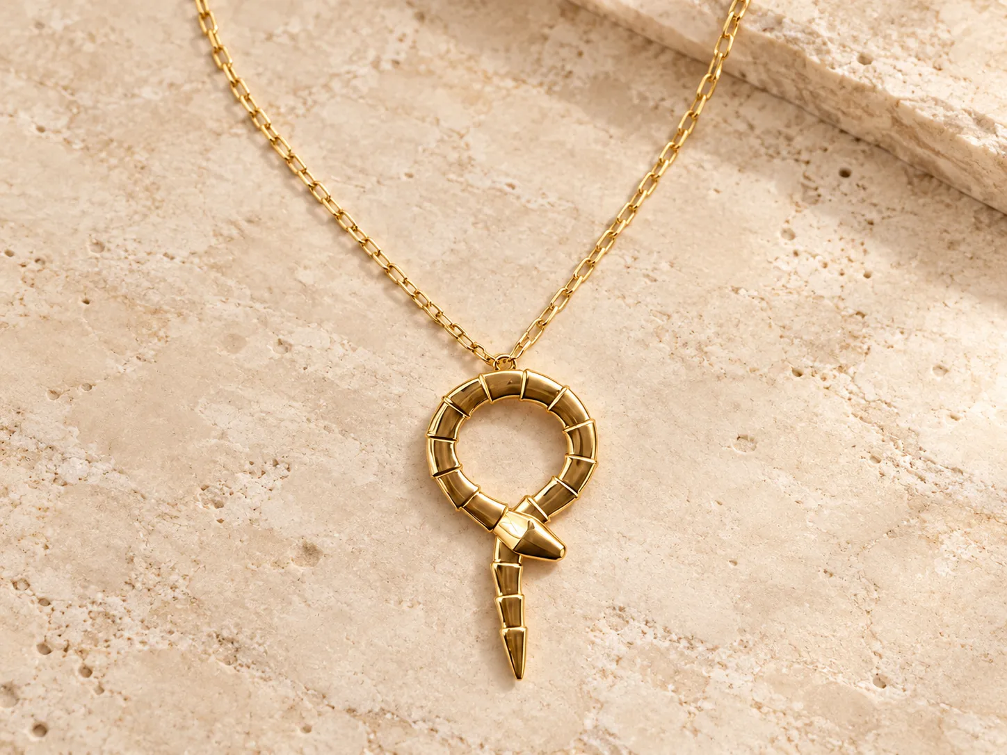 Gold necklace with a segmented ring pendant and a tapered hanging tip on a fine chain, resting on a stone ledge