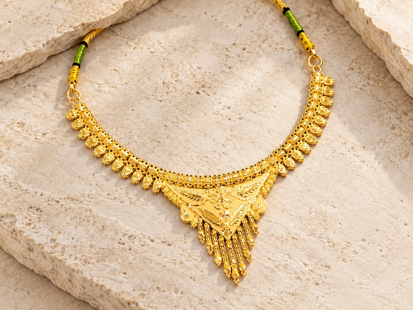 Traditional gold necklace with a triangular centrepiece and hanging tassels, with green-and-gold cord ends, on a stone slab