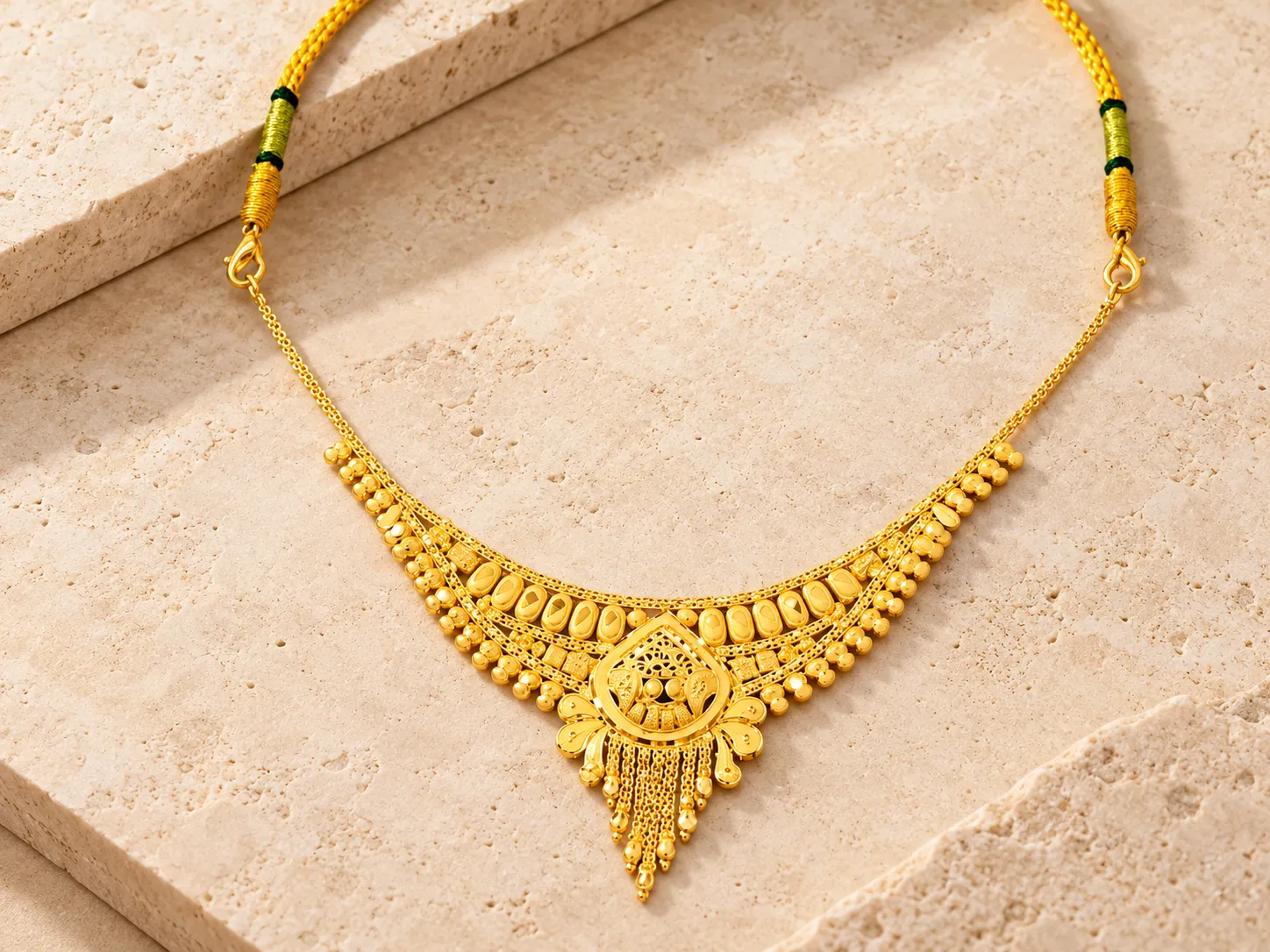 Traditional gold necklace with a tapering centrepiece and graduated hanging fringe on a fine chain, on a stone slab