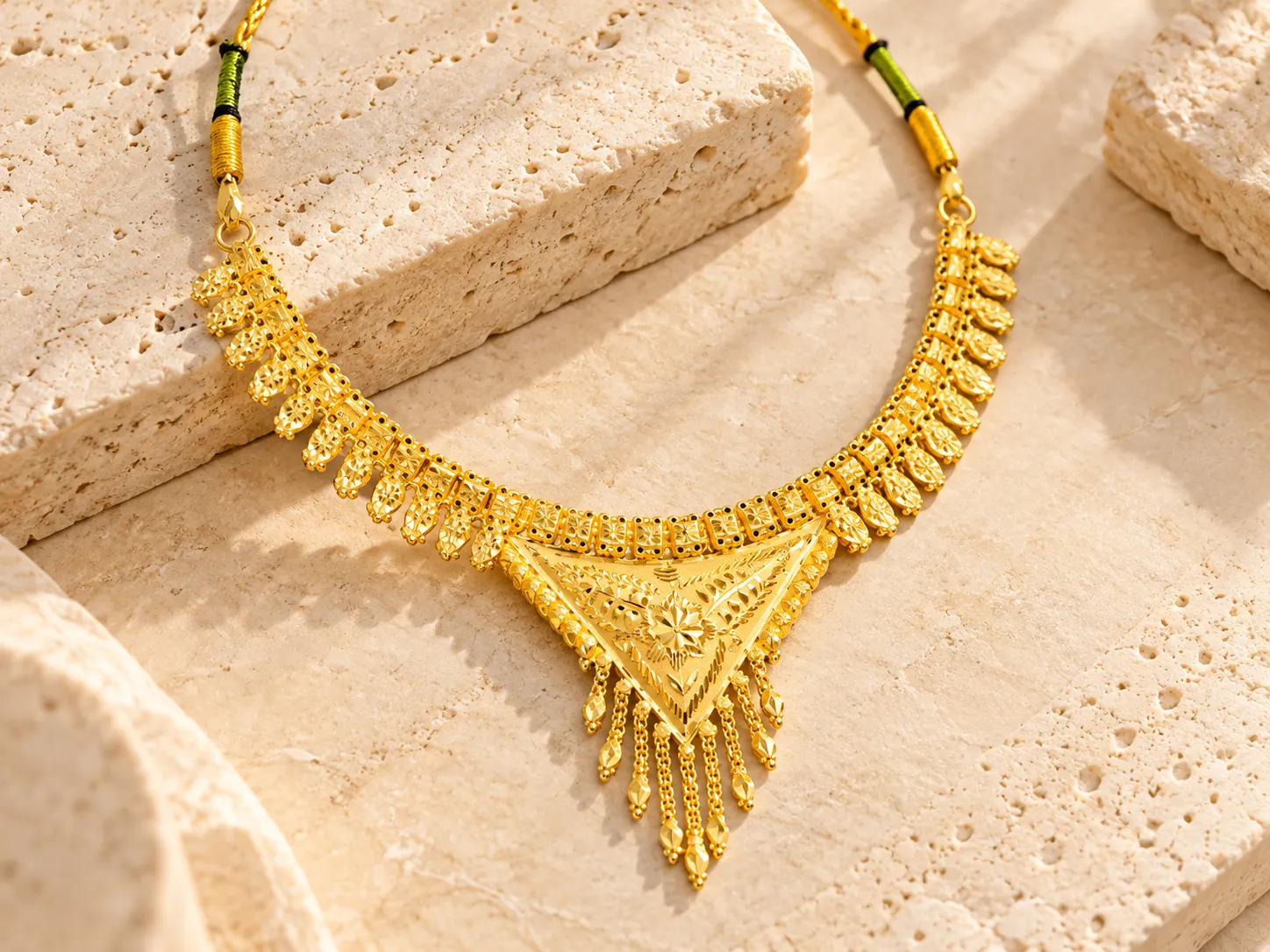 Traditional gold necklace with a triangular centrepiece and hanging tassels, with green-and-gold cord ends, on a stone slab