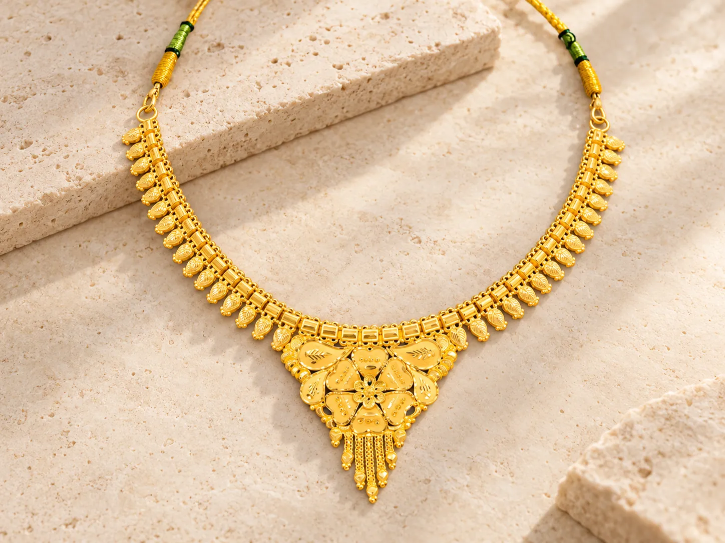 Traditional gold necklace with a floral centrepiece and cascading hanging fringe, with green-and-gold cord ends, on a stone slab