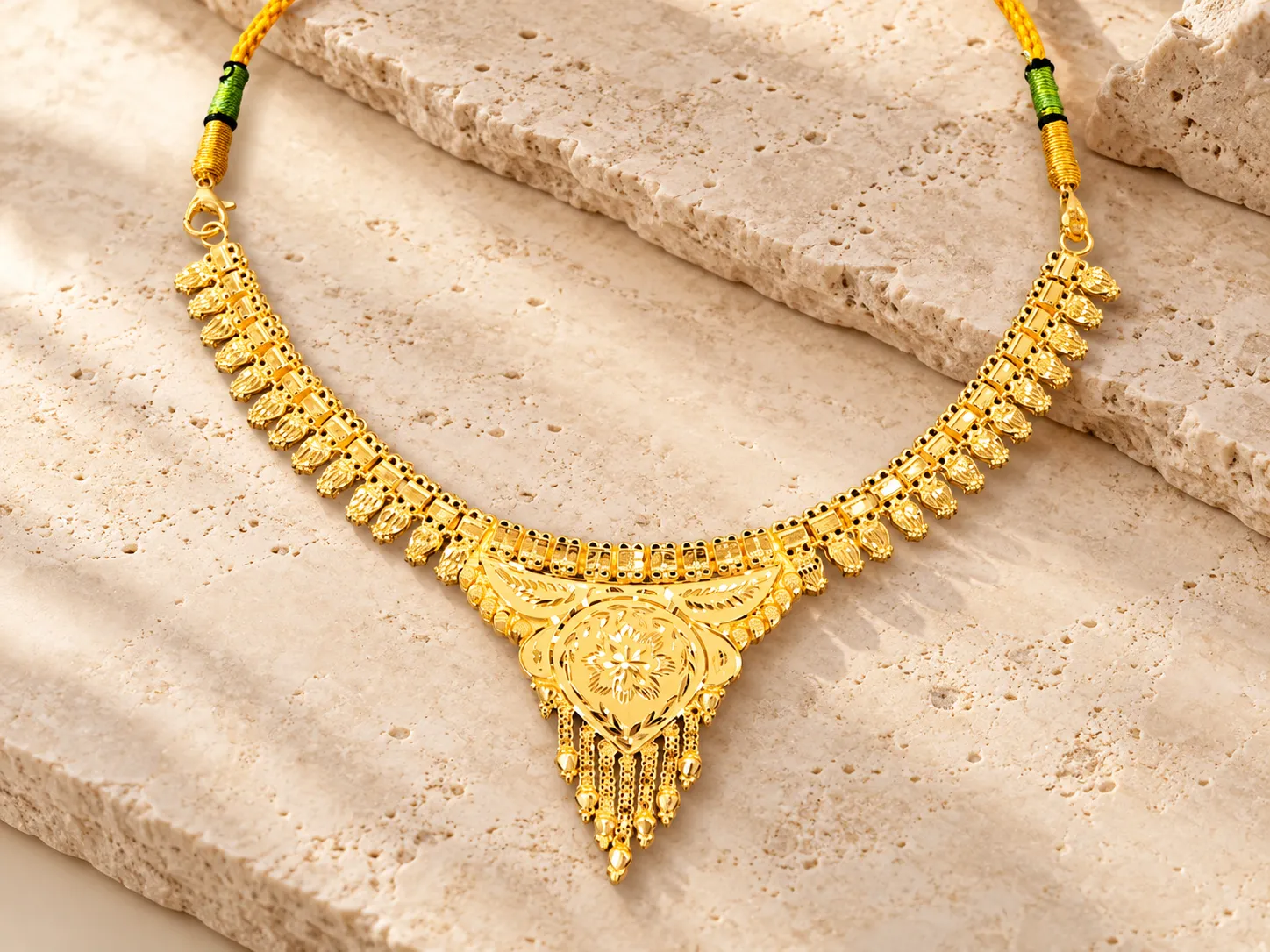 Traditional gold necklace with a floral centrepiece and hanging tassels, with green-and-gold cord ends, on a stone slab