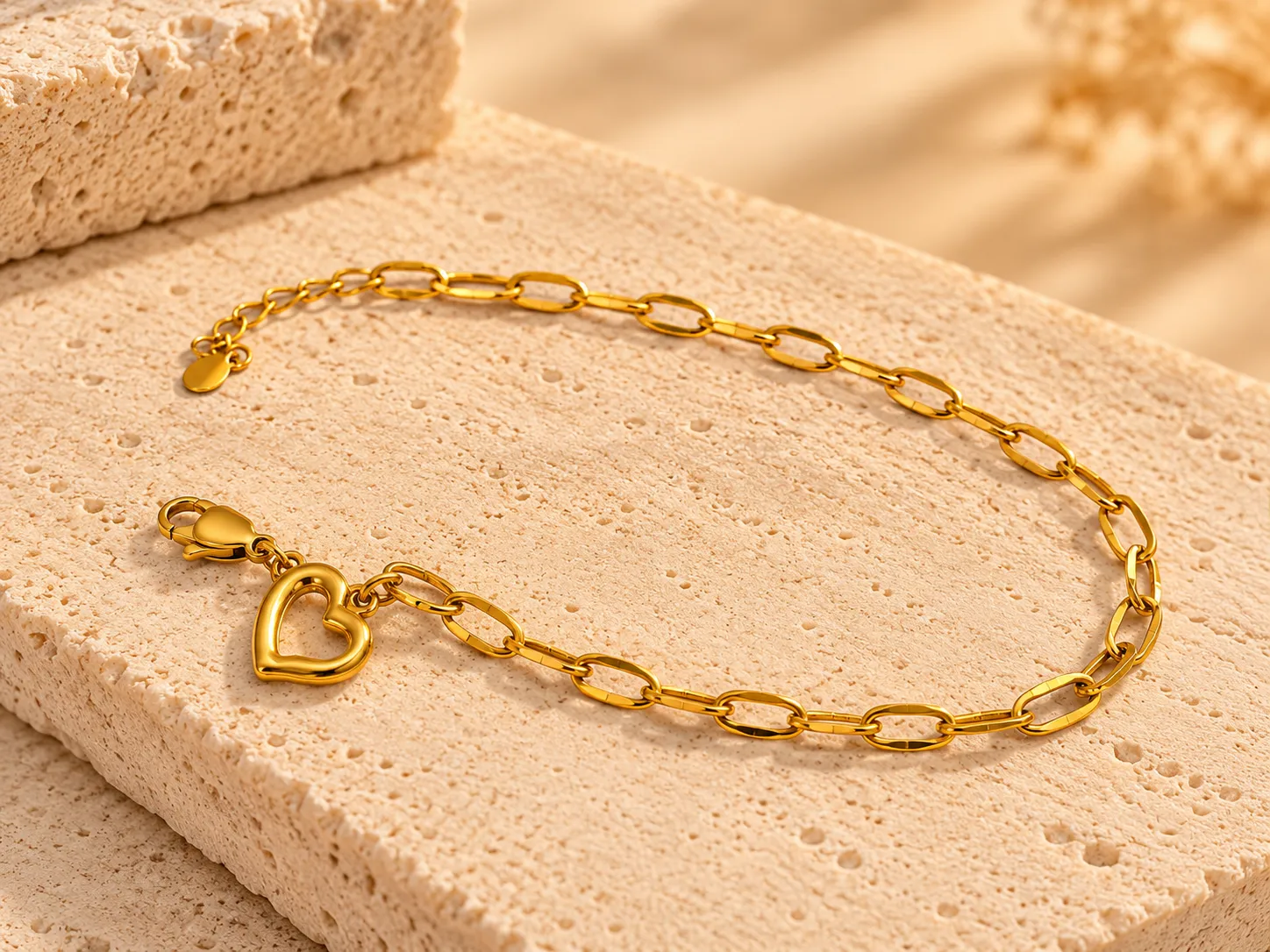Gold bracelet with a small heart charm on a fine linked chain, on a stone slab
