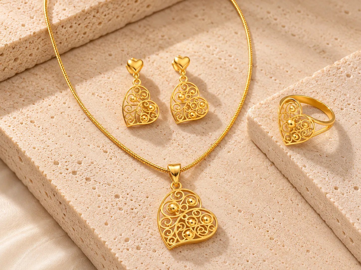 Gold necklace with a heart-shaped filigree pendant beside matching heart drop earrings and a ring, on a stone surface