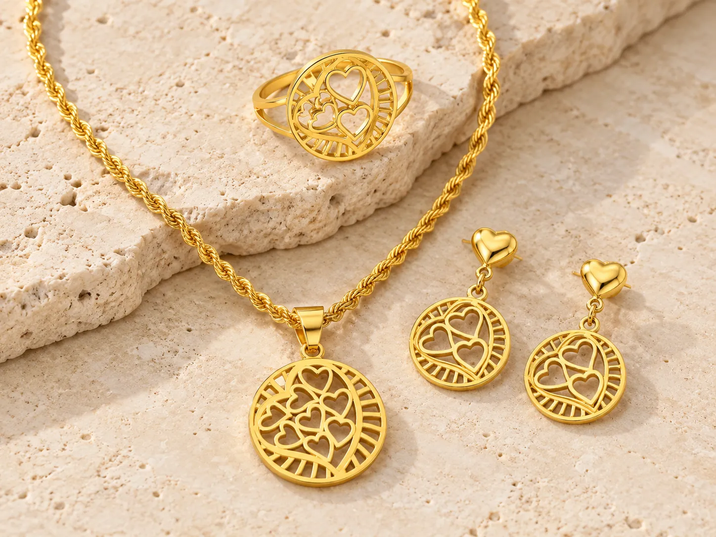 Gold rope chain necklace with a round pendant of open hearts beside heart-topped round drop earrings and a ring, on a stone surface