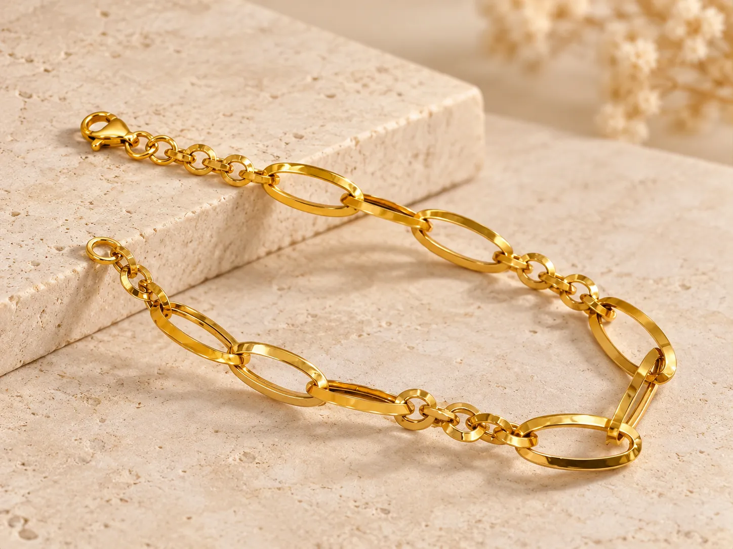 Gold bracelet of elongated oval links with small round connectors, on a stone slab