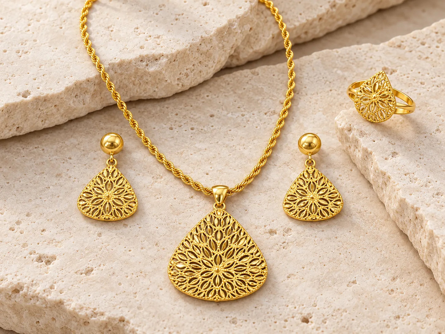 Gold rope chain necklace with a large teardrop-shaped filigree pendant beside matching drop earrings and a ring, on a stone surface