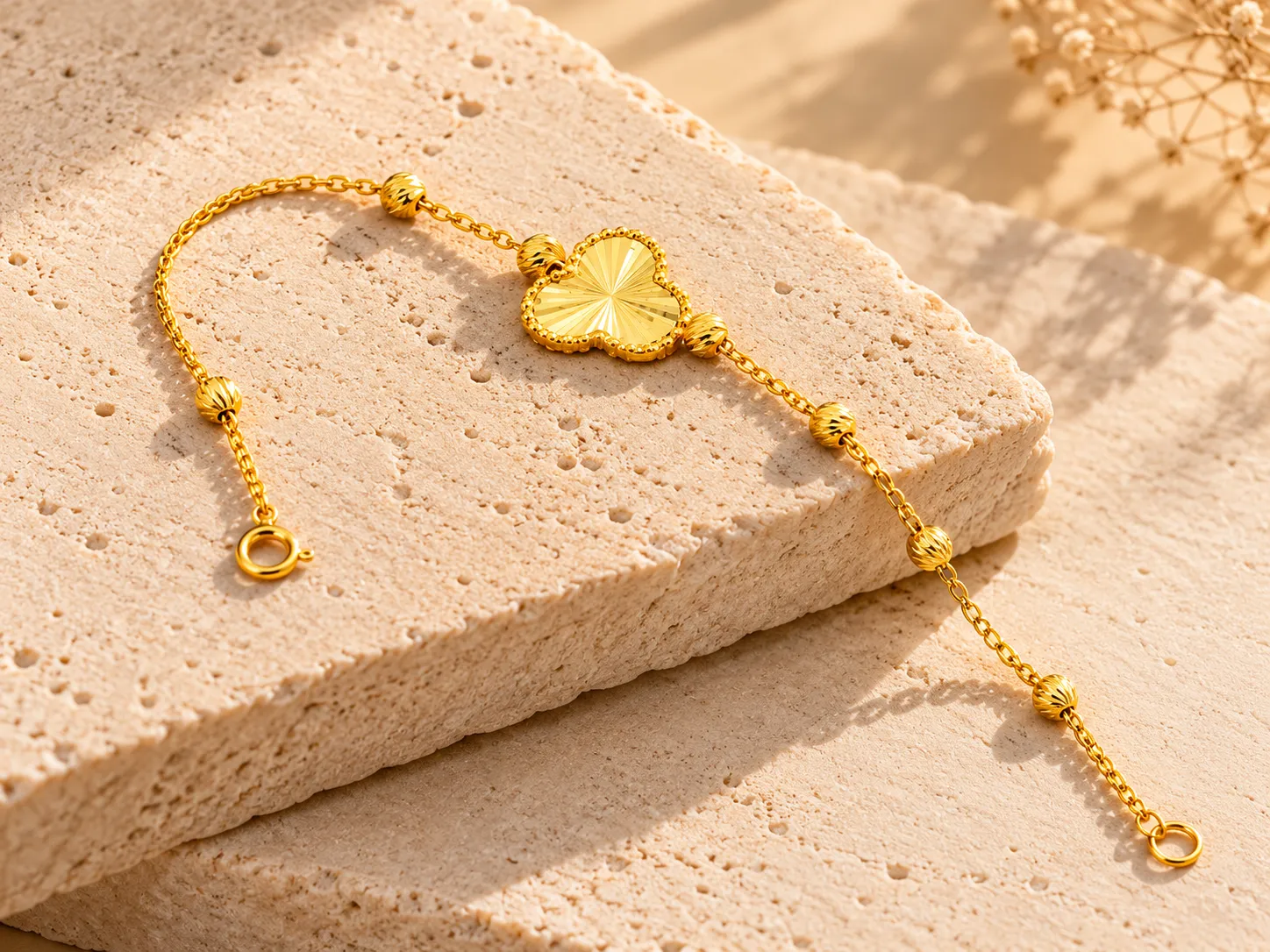 Gold bracelet with a single clover-shaped motif and small round beads on a fine chain, on a stone slab