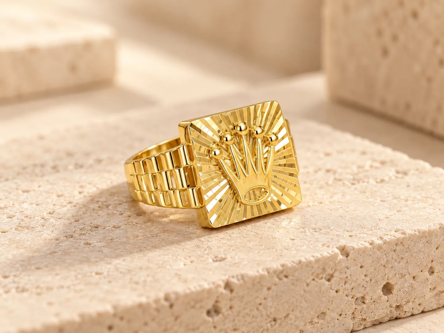 Gold signet ring with a crown on a square face with radiating lines and a link-style band, on a stone ledge