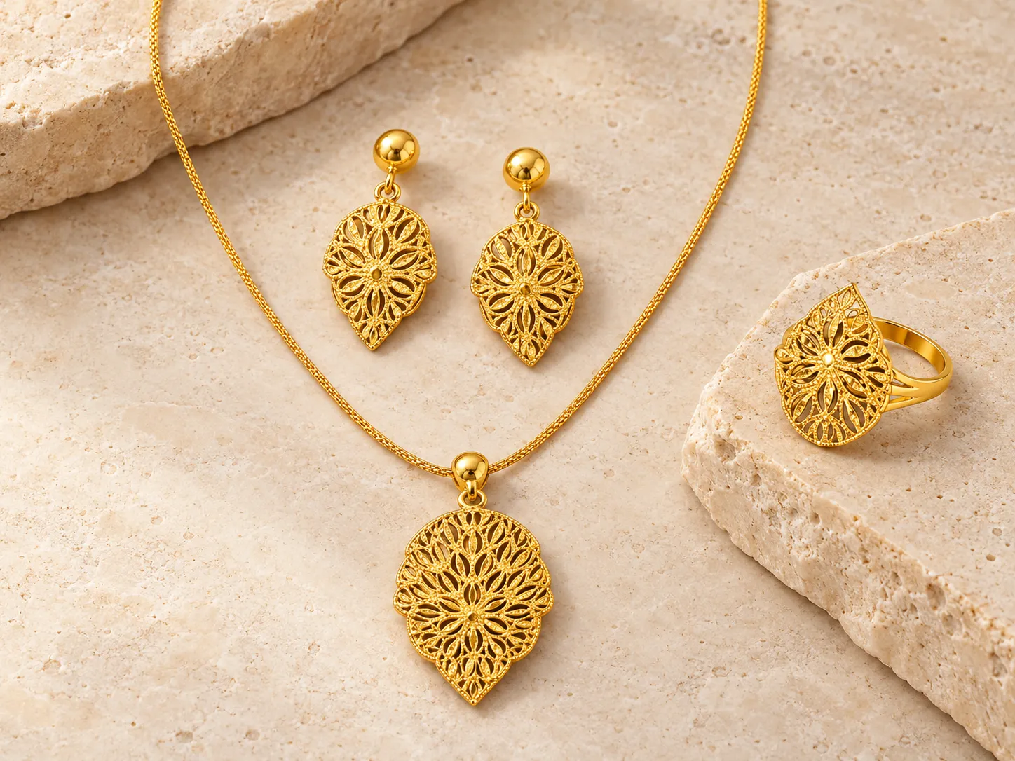 Gold necklace with a leaf-shaped filigree pendant beside matching drop earrings and a ring, on a stone surface
