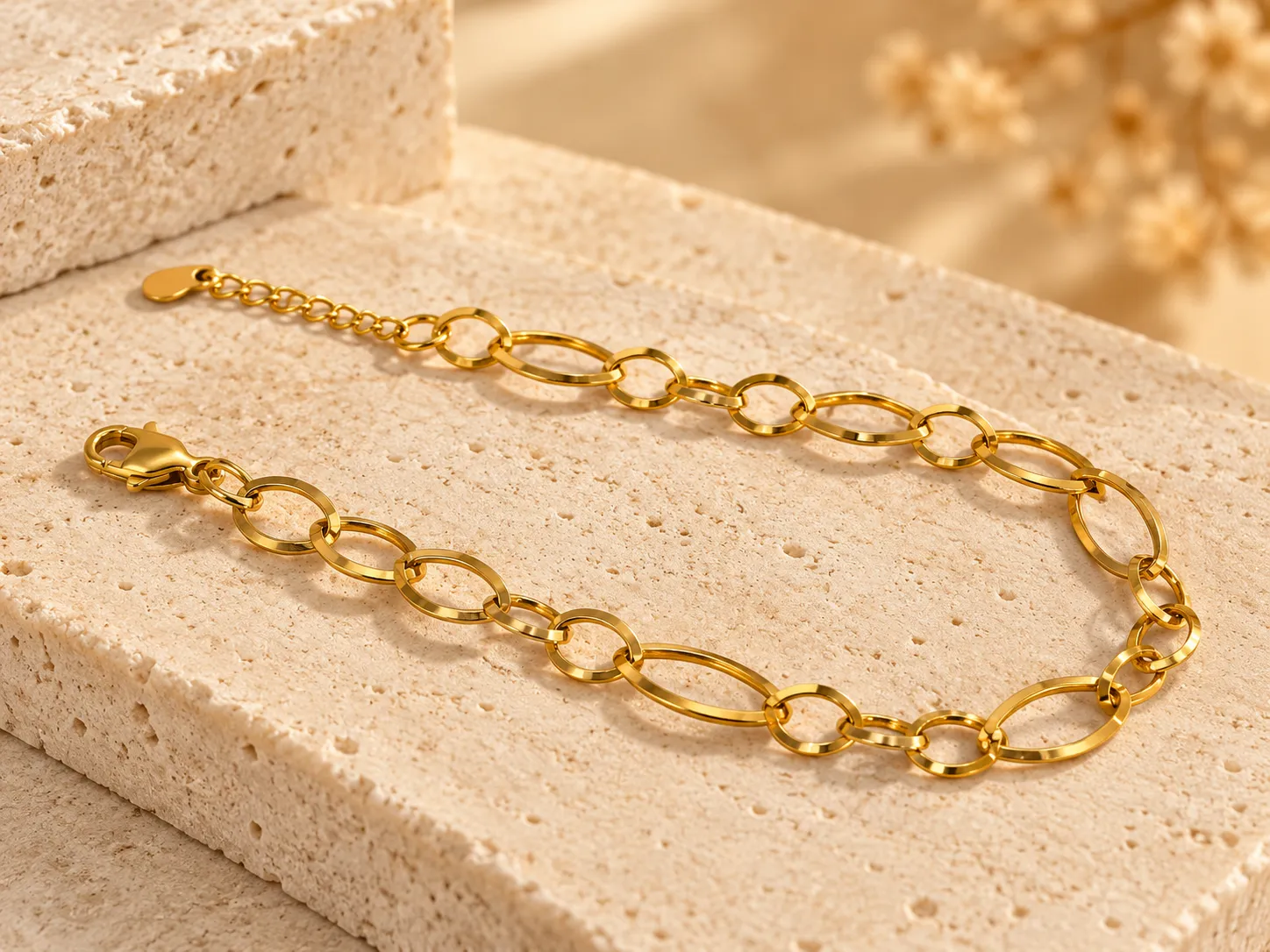 Gold bracelet with oval links among small round links and an extension chain, on a stone slab