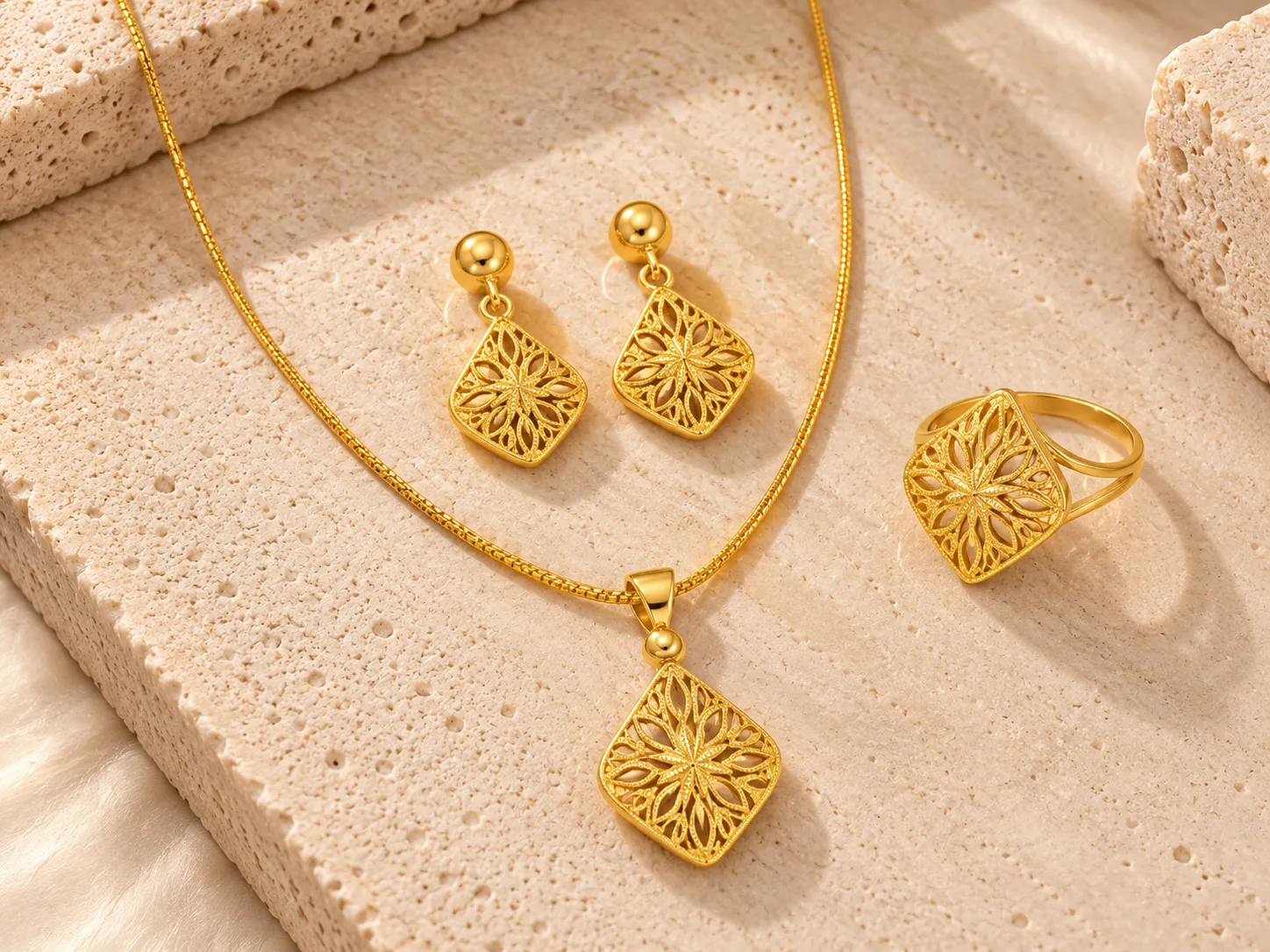 Gold necklace with a softly squared floral filigree pendant beside matching drop earrings and a ring, on a stone surface