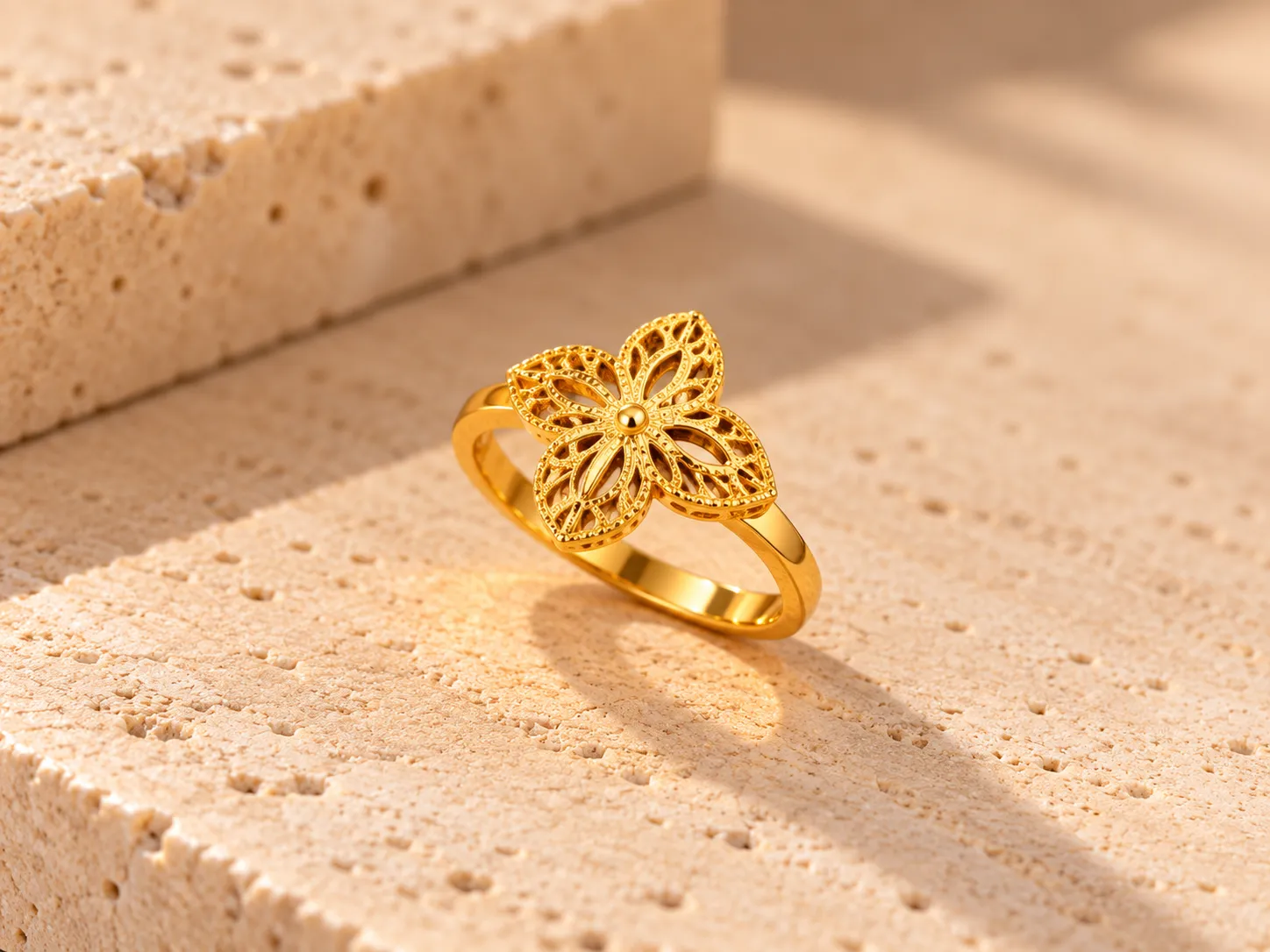 Slim gold ring with a four-petal openwork flower and beaded edging, on a stone ledge