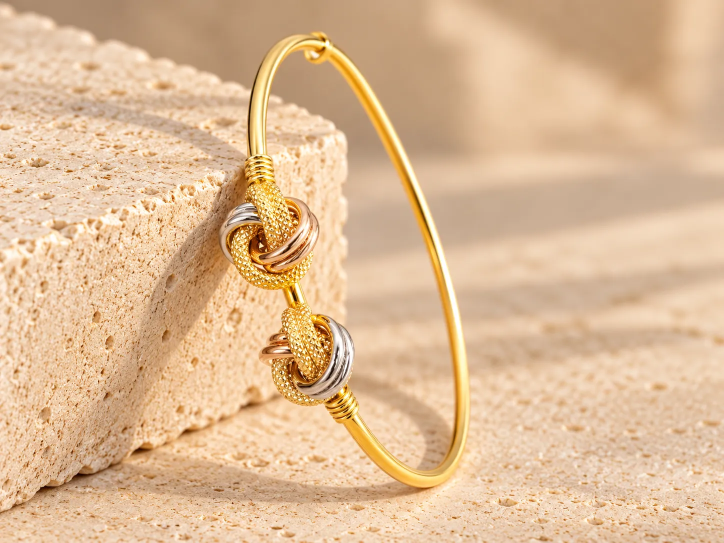 Slim open gold bangle with two textured knots with yellow, white and rose gold rings, leaning on a stone block