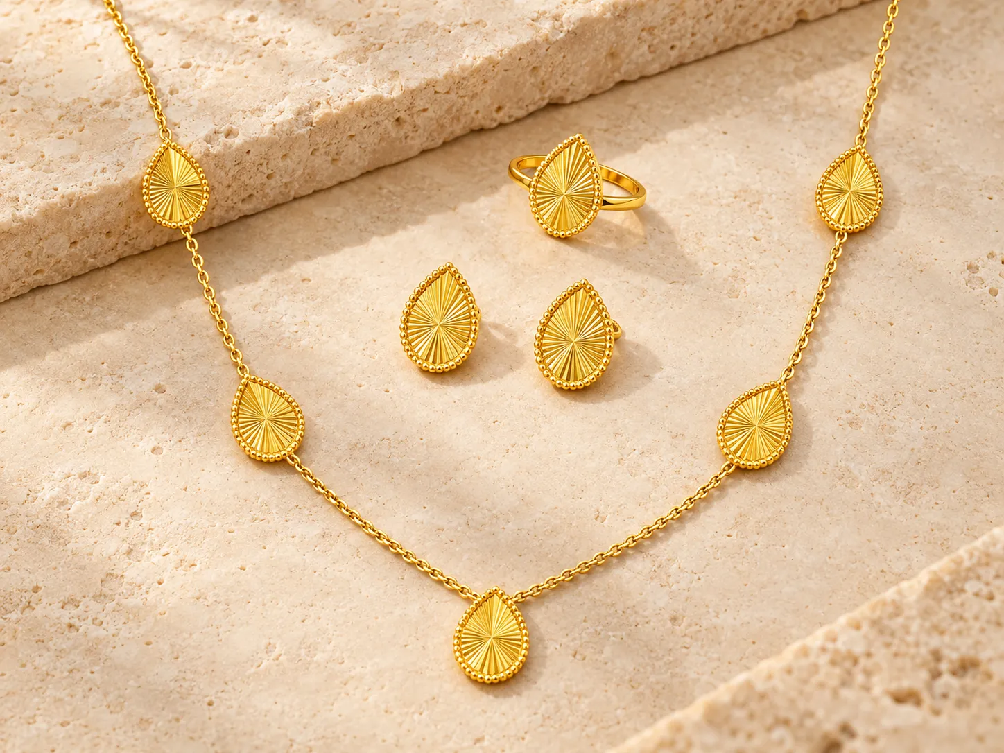 Gold necklace with five beaded sunburst teardrop stations beside matching teardrop earrings and a ring, on a stone surface