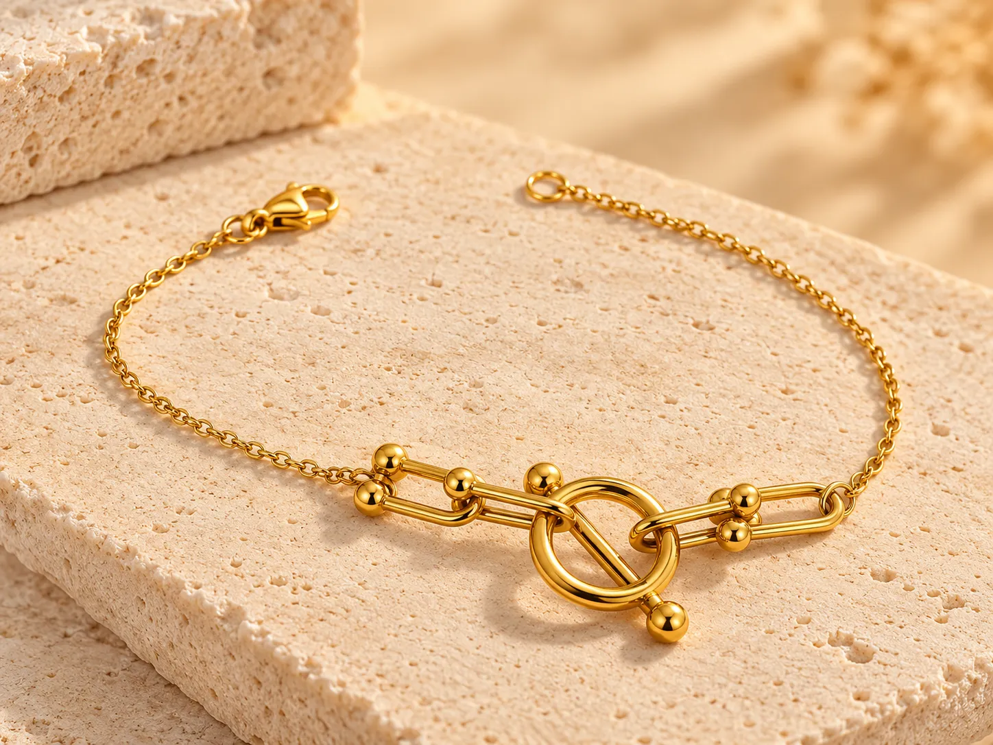 Gold bracelet with a toggle clasp centrepiece and fine chain sides, on a stone slab