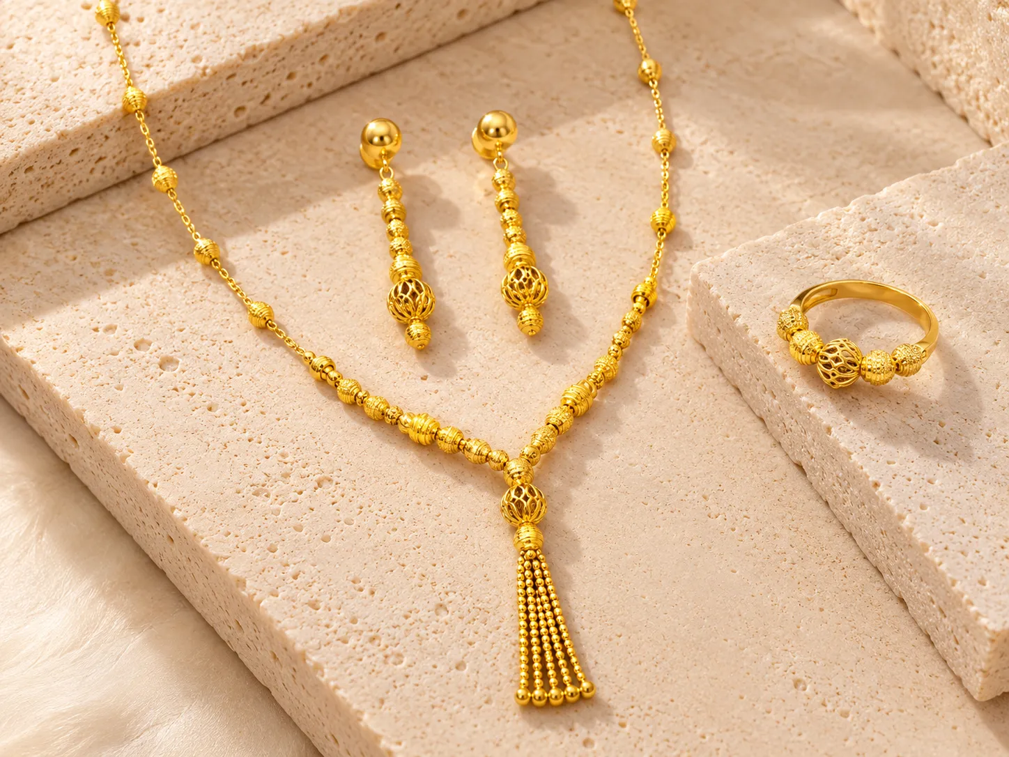 Gold bead chain necklace with a tassel pendant beside long beaded drop earrings and a bead ring, on a stone surface