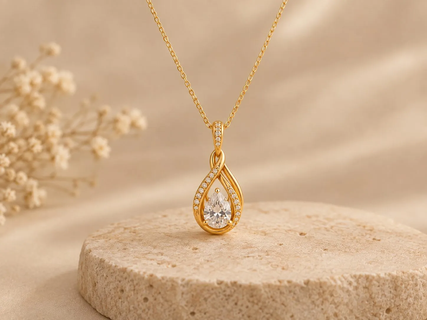 Gold chain with a pear-shaped stone pendant, resting on pale stone