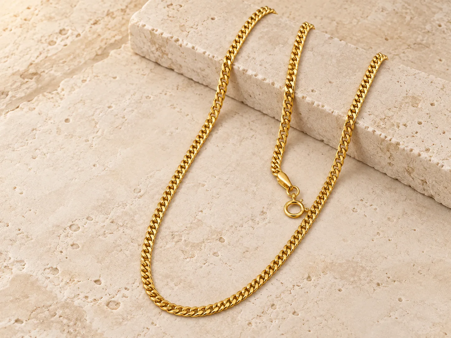 Gold curb-chain necklace with a clasp, draped over a stone ledge