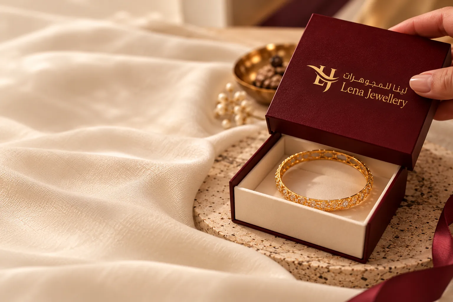 A Lena Jewellery gift box held open to show a gold bangle inside