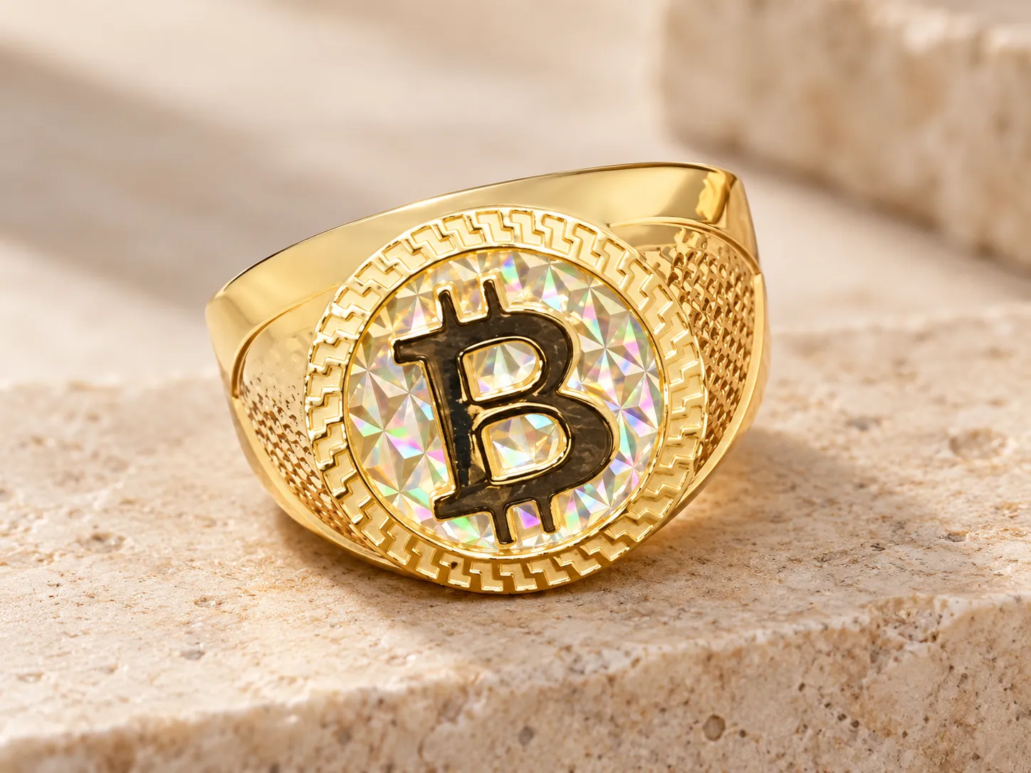 Gold signet ring with a large letter B on a faceted face