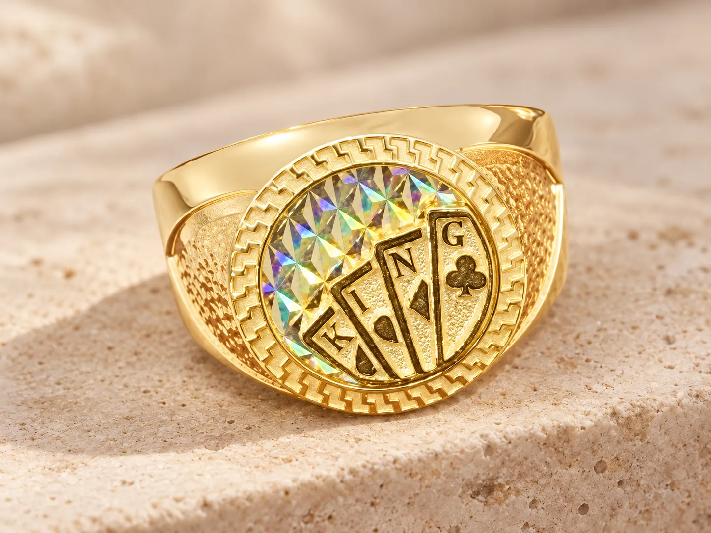 Gold signet ring showing a fan of playing cards on a faceted face